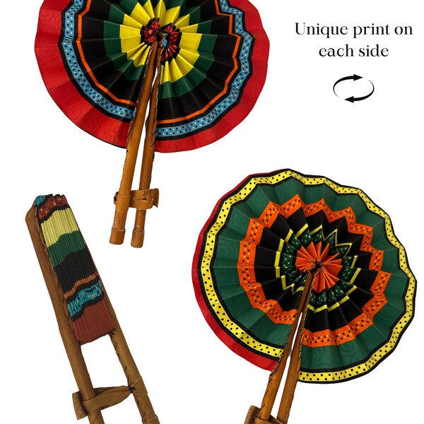 African Print Folding Hand Fan/ African Print Fan/ Handmade Leather