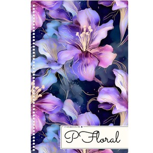 May include: A spiral-bound notebook featuring a vibrant floral design. The cover showcases large, stylized purple and blue flowers with gold accents against a dark blue background. The word "Floral" is written in cursive on a white label.