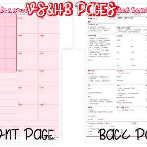 May include: A pink and white printable medical chart with the title "Vitals & Hourly Vitals" on the front page and "Patient Report" on the back page. The front page has a grid for recording vital signs and notes. The back page has sections for patient information, history, labs, neuro, cardiac, respiratory, musculoskeletal, procedures and tests, and notes.