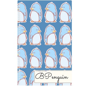 May include: A blue background with a pattern of cartoon penguins. Each penguin is light blue with a white belly, a yellow beak, and a brown outline. The text "B Penguin" is in a white box.