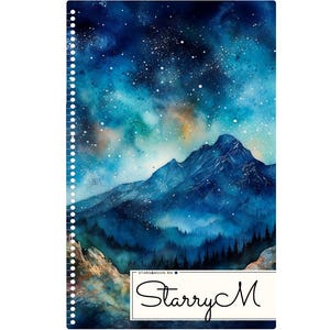 May include: A watercolor painting of a mountain range with a starry night sky. The painting is in shades of blue, green, and brown. The text "Starry M" is in the bottom right corner of the painting.