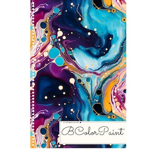 May include: Notebook with a vibrant abstract design in shades of blue, purple, and gold. The cover features a fluid, marbled pattern with white and turquoise accents. The text "BColor Paint" is displayed on the bottom right.