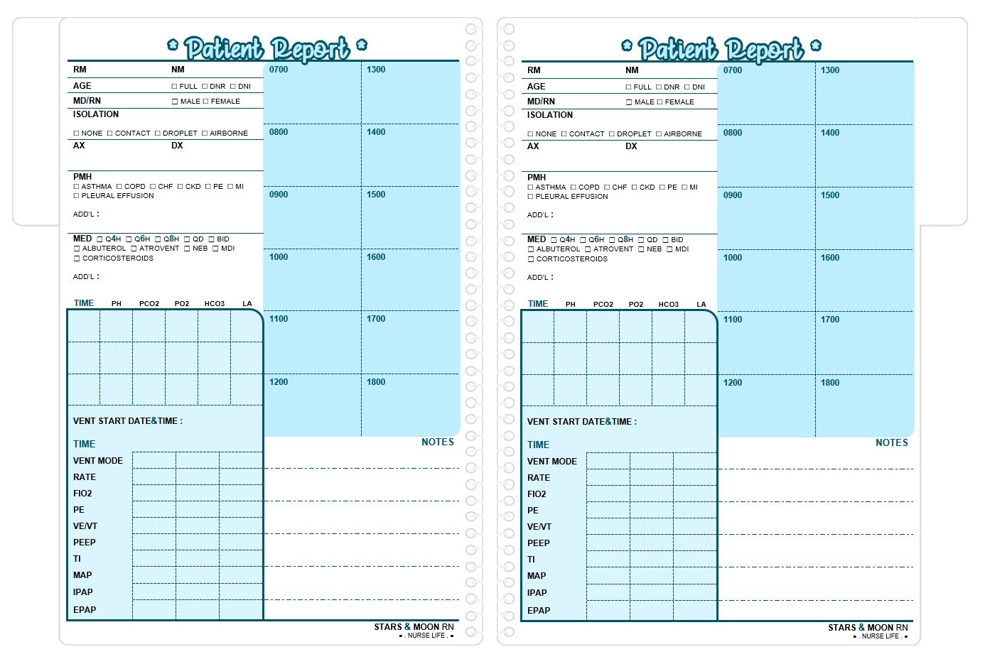 REUSABLE Respiratory Therapist Patient Report Notebook With Hourly