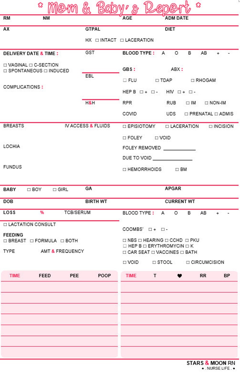 REUSABLE Mother Baby Report Sheet for Registered Nurses RN Etsy