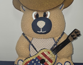 Patriotic Country Bear Decor, Americana Bear with Guitar, Cowboy Bear Decoration, Rustic Farmhouse Fourth of July Decor, #WAAM