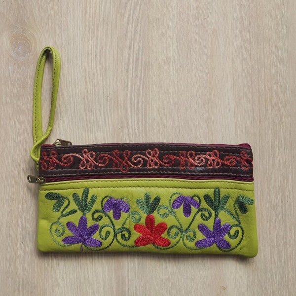 Boho zipper Genuine leather wallet,cosmetic pouch,Travel leather Wristlet, ethnic clutch,Holiday passport pouch, Embroidered Handmade purse