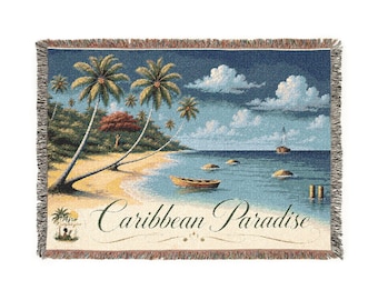 Manta tejida "Paraíso tropical caribeño" / Manta con estampado de palmeras y puesta de sol en la playa