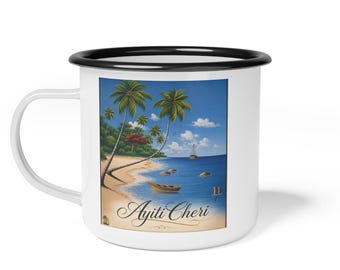 Taza de esmalte con escena de playa tropical de Ayiti Cheri / Isla Paraíso