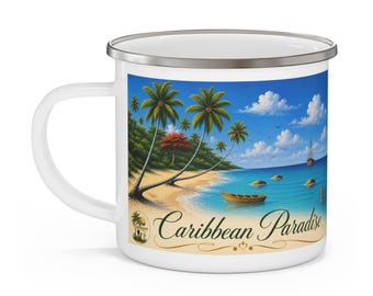 Taza de esmalte Paraíso en la Playa Tropical / Taza para acampar al atardecer en el océano