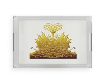 Bandeja acrílica para servir con el escudo de armas de Haití en color dorado / L'union Fait La Force