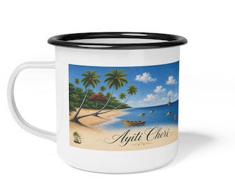 Taza de esmalte para campamento "Paraíso Tropical de Haití" / Escena de la playa de Palm Beach en la isla