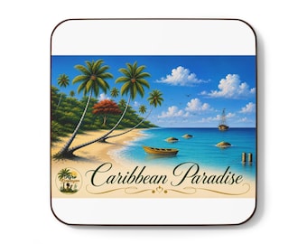 Posavasos de madera dura con temática de paraíso tropical caribeño / Escena de casa isleña
