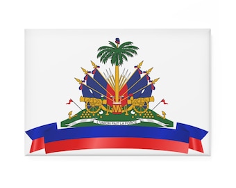 Imán rectangular con el escudo de armas y la bandera de Haití, un vibrante recuerdo del orgullo haitiano.