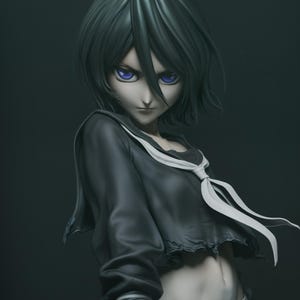 May include: A black and white anime figurine of a female character with short black hair and blue eyes. She is wearing a black and white sailor uniform with a white ribbon.