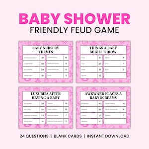 以下が含まれることがあります： ピンク色のベビーシャワー・フレンドリー・フィード・ゲームカードセット。Baby Nursery Themes、Things A Baby Might Throw、Luxuries After Having A Baby、Awkward Places A Baby Screamsといったカテゴリーとポイントが記載された4つの質問グリッドが表示されています。