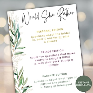 Bridal Shower Would She Rather This or That Party Game Printable