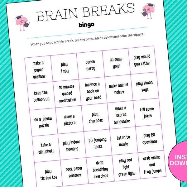 Brain Breaks Printable Game with Answer Key, Homeschool, Classroom