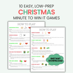 Ideas para juegos imprimibles de "Un minuto para ganar" navideños, ideales para fiestas de oficina, con lista de materiales y hoja de puntuación.