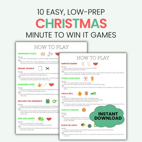 Christmas Minute to Win It Printable Game Ideas, Holiday Office Party, with Supply List and Score Sheet