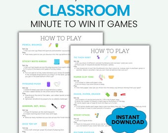 Ideas para el juego imprimible "Un minuto para ganar" en el aula, con lista de materiales y hoja de puntuación.