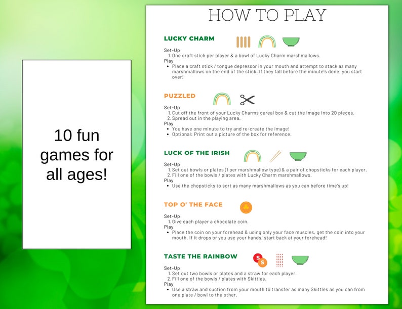 St Patrick's Day Minute to Win It Printable Game Ideas with Supply List and Score Sheet image 2