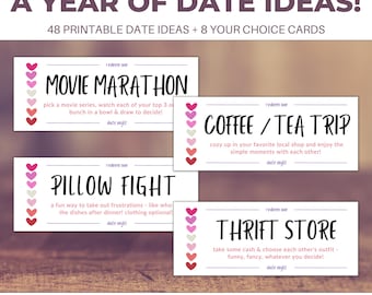 Date Night Cards, Year of Dates, Valentine's Day Printable Coupons for Couples, Gifts for Him, Gifts for Her