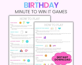 May include: A digital document titled 10 Easy, Low-Prep Birthday Minute to Win It Games. It features two pages of instructions for party activities like Cake Bake, Sweet Treat, Cutlery Craze, Bring a Gift, Balloon Batch, and Blow Out the Candle.
