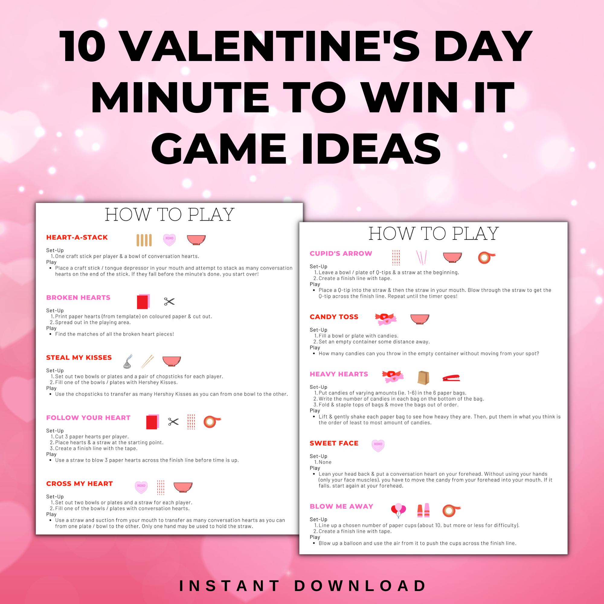 Valentine's Day Minute to Win It Printable Game Ideas with Supply List and Score Sheet