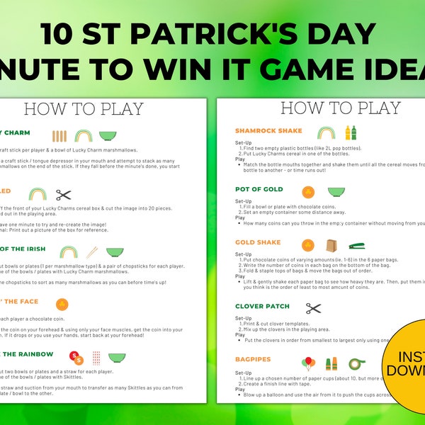 St Patrick's Day Minute to Win It Printable Game Ideas with Supply List and Score Sheet