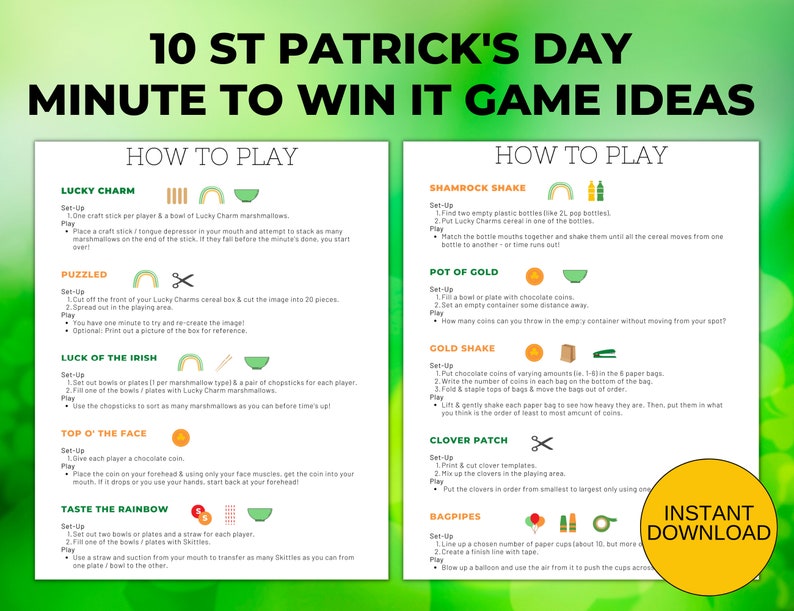 St Patrick's Day Minute to Win It Printable Game Ideas with Supply List and Score Sheet image 1
