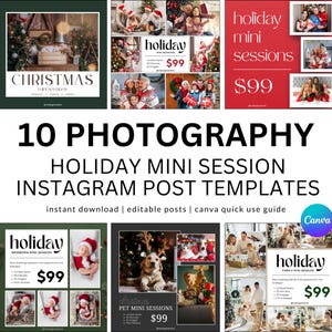 Può includere: Dieci modelli di post Instagram per sessioni fotografiche natalizie in miniatura. I modelli presentano una varietà di temi natalizi, tra cui Natale, Hanukkah e Capodanno. Ogni modello include uno sfondo festivo, testo e uno spazio per una foto. I modelli sono progettati per essere utilizzati su piattaforme di social media come Instagram.