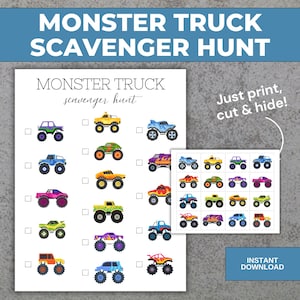 Könnte beinhalten: Ein druckbares "Monster Truck Schnitzeljagd"-Spielblatt mit farbenfrohen Monster Truck-Illustrationen. Das Blatt enthält eine Checkliste und den Text "Monster Truck Scavenger Hunt". Ein kleineres Blatt mit passenden Trucks ist ebenfalls enthalten.