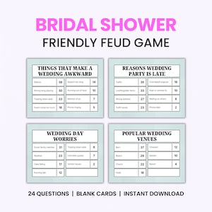 Puede incluir: Un juego de Bridal Shower Friendly Feud con cuatro tarjetas azul claro y texto en negro. Las tarjetas enumeran preguntas de encuesta y puntos sobre temas como momentos incómodos, retrasos, preocupaciones y lugares de boda. Incluye 24 preguntas.