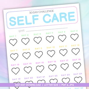 30 Day Self-Care Challenge Tracker, Self-Love Printable