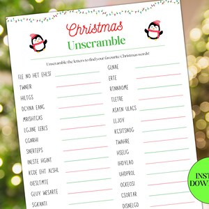 May include: A printable Christmas word scramble game featuring a penguin wearing a red hat and scarf. The game includes a list of Christmas words with letters scrambled, such as "FLE NO HET EHLSS" for "ELF ON THE SHELF".