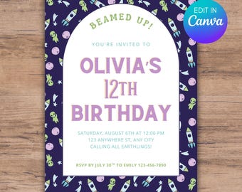 May include: A navy blue birthday invitation with an outer space theme. The invitation features rockets, aliens, and planets. The text reads "Olivia's 12th Birthday" and includes event details. The words "Beamed Up!" are at the top.