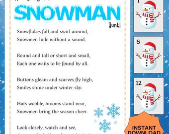 Juego imprimible de búsqueda del tesoro con imágenes de muñecos de nieve invernales. Actividad para el aula o en grupo.