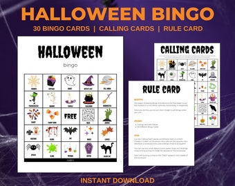 Halloween Bingo Game Cards Printable with 30 Bingo Boards, Calling Cards and Rule Card