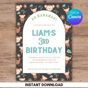 May include: A birthday party invitation with a dark gray background and a pattern of cartoon monkeys, suns, and palm trees. The invitation features the text "Go Bananas!" and details for Liam's 3rd birthday, including date, time, and RSVP information. The words "Instant Download" are at the bottom.