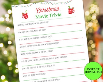 Op de afbeelding: Een witte pagina met kerstfilm trivia vragen. De titel is rood en groen, met feestelijke illustraties. De vragen zijn opgesomd met rode en groene lijnen. Een groene cirkel zegt "Instant Download".