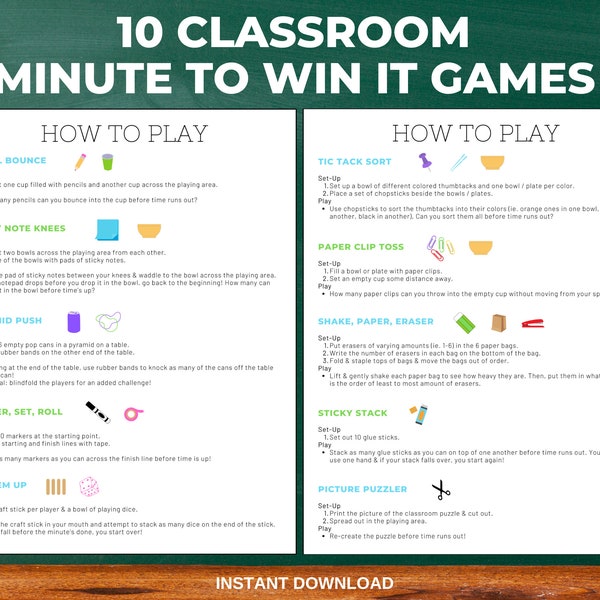 Classroom Minute to Win It Printable Game Ideas with Supply List and Score Sheet