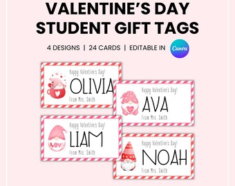 Etiquetas de regalo para estudiantes de San Valentín, tarjetas escolares imprimibles, nombres de maestros y estudiantes, gnomos, plantilla de Canva