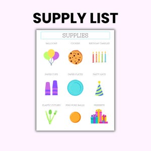 May include: A white supply list chart titled SUPPLY LIST and SUPPLIES featuring nine colourful icons: balloons, a chocolate chip cookie, birthday candles, purple paper cups, a blue paper plate, a striped party hat, green plastic cutlery, an orange ping pong ball, and wrapped presents.