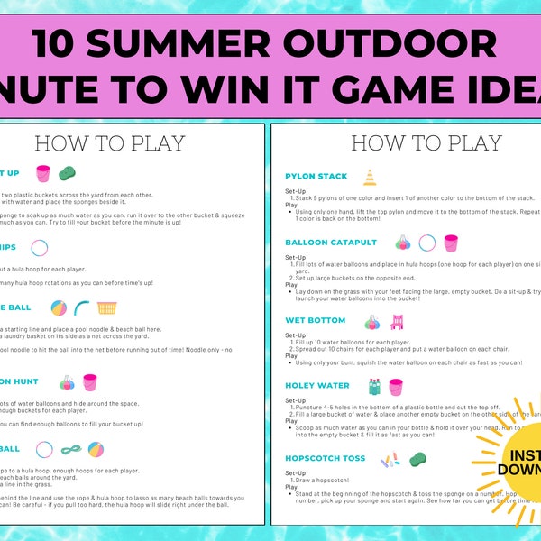 Outdoor Summer Minute to Win It Printable Game Ideas with Supply List and Score Sheet