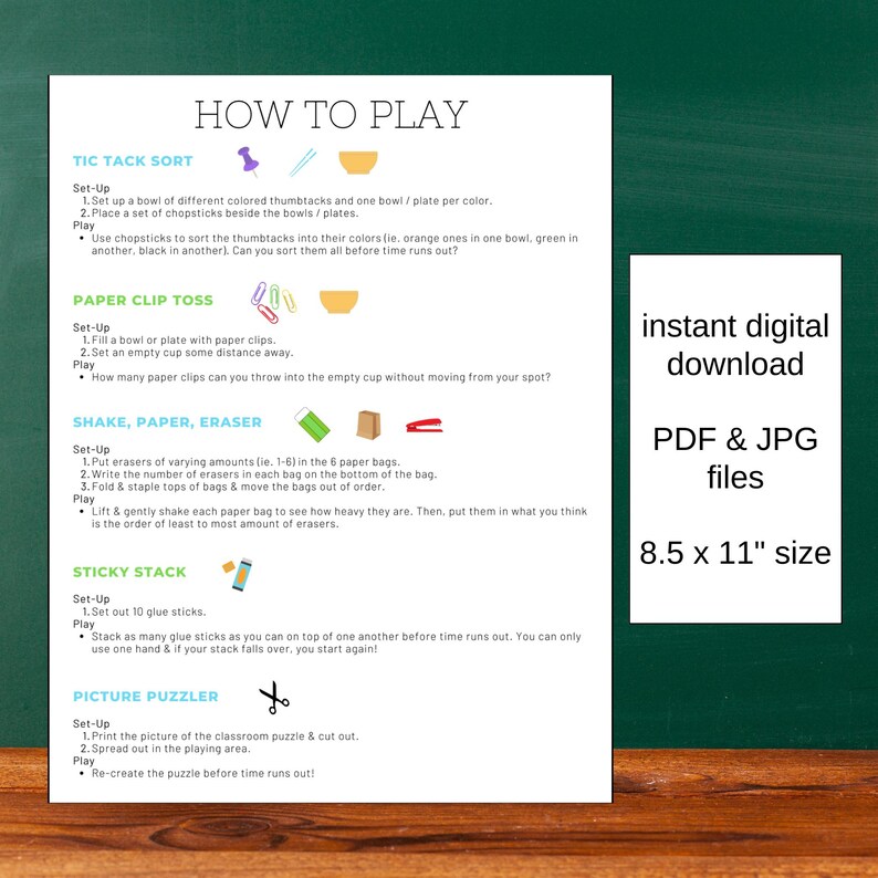 Classroom Minute to Win It Printable Game Ideas With Supply List and ...