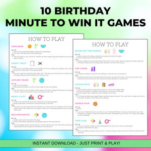 Birthday Minute to Win It Printable Game Ideas With Supply List and ...