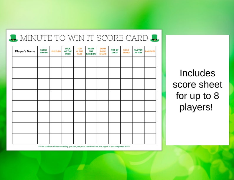 St Patrick's Day Minute to Win It Printable Game Ideas with Supply List and Score Sheet image 3