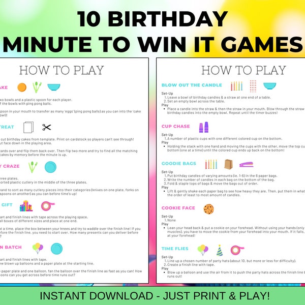 Birthday Minute to Win It Printable Game Ideas with Supply List and Score Sheet