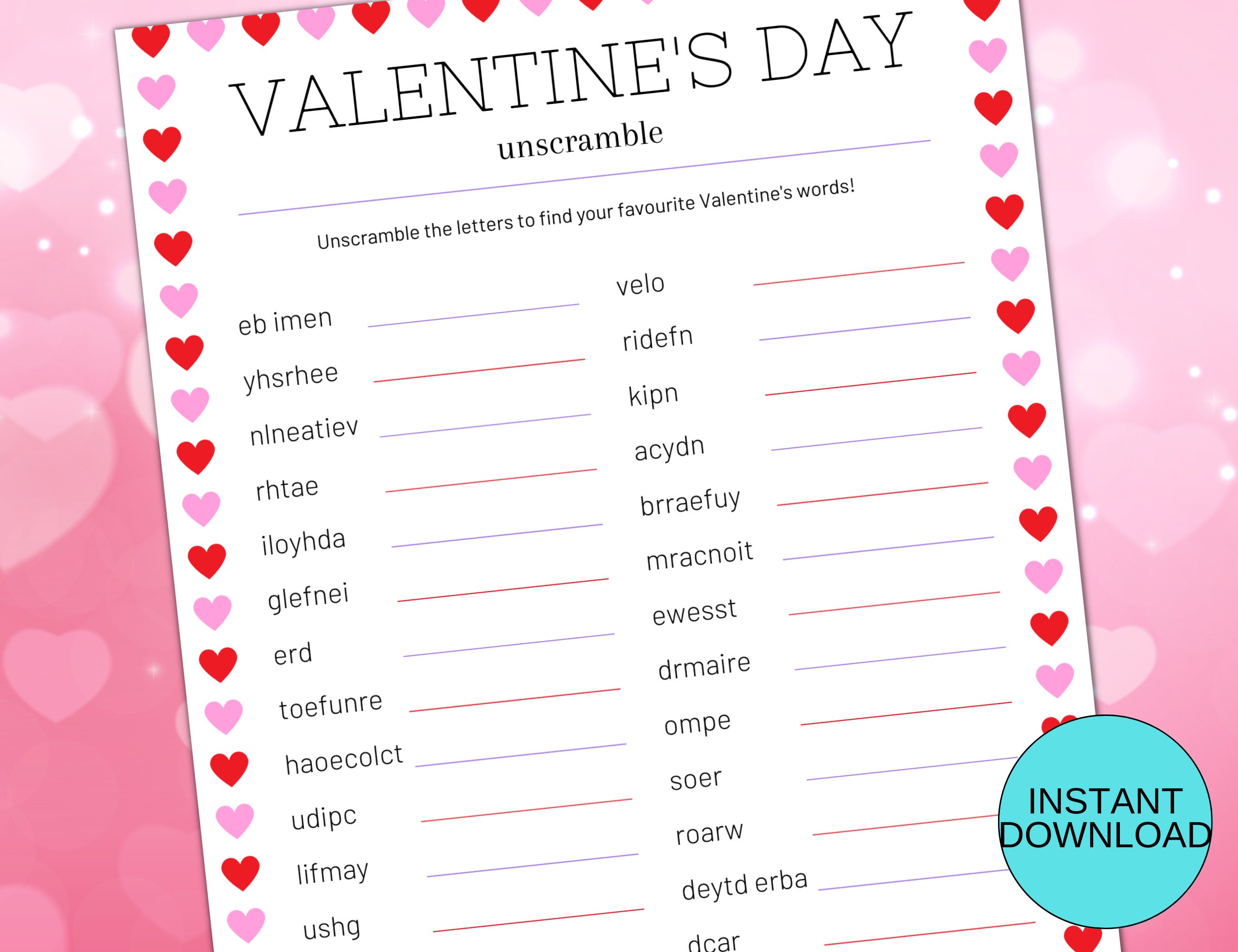 Valentine's Day Word Scramble Printable Game With Answer Key - Etsy