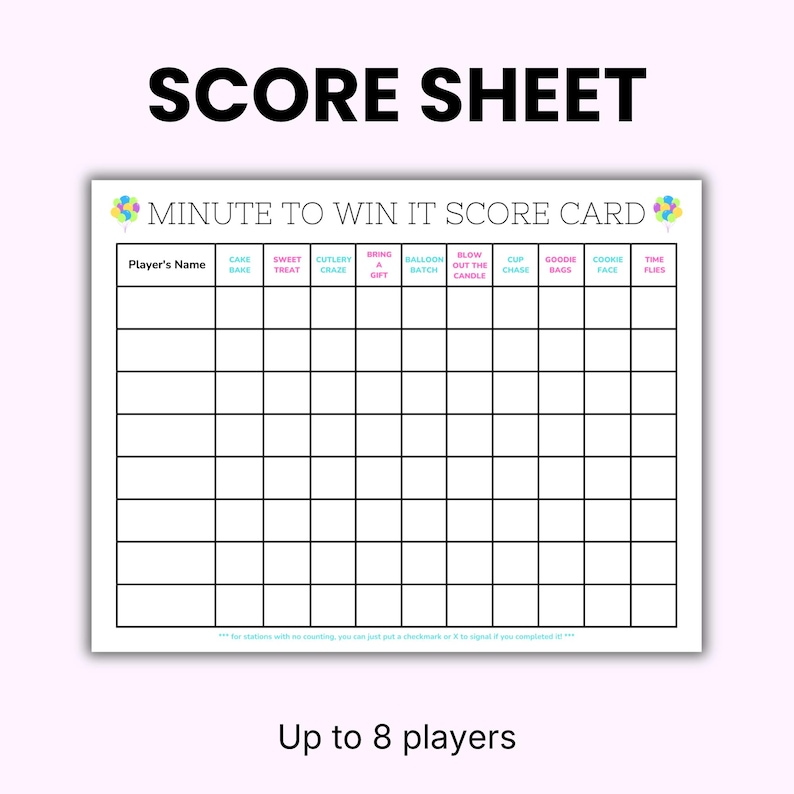 May include: A white score sheet titled Minute to Win It Score Card with a grid for 8 players. Columns include Cake Bake, Sweet Treat, Cutlery Craze, Bring a Gift, Balloon Batch, Blow Out the Candle, Cup Chase, Goodie Bags, Cookie Face, and Time Flies.